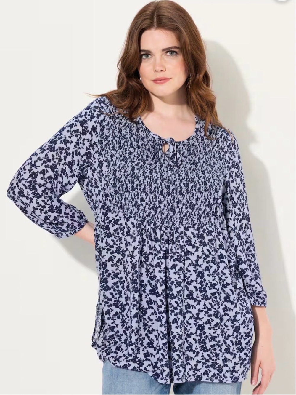 Ulla Popken Light Blue and Navy Smocked Floral Tunic Plus Size